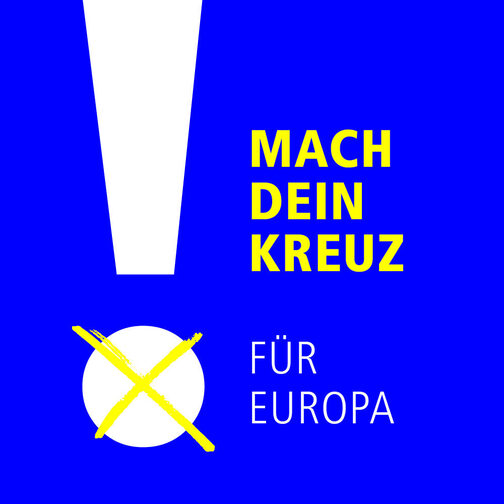 Grafik: Ausrufezeichen mit Kreuz, Text: Mach Dein Kreuz für Europa